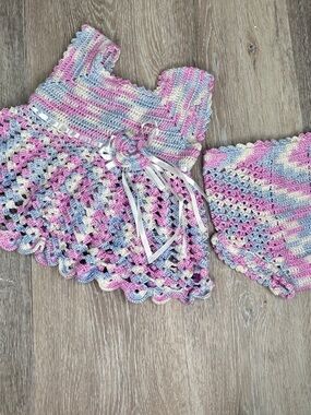 🌸 Handmade Crochet Baby Dress & Diaper Cover Set- Pastel Pink Blue Cream 0-6m